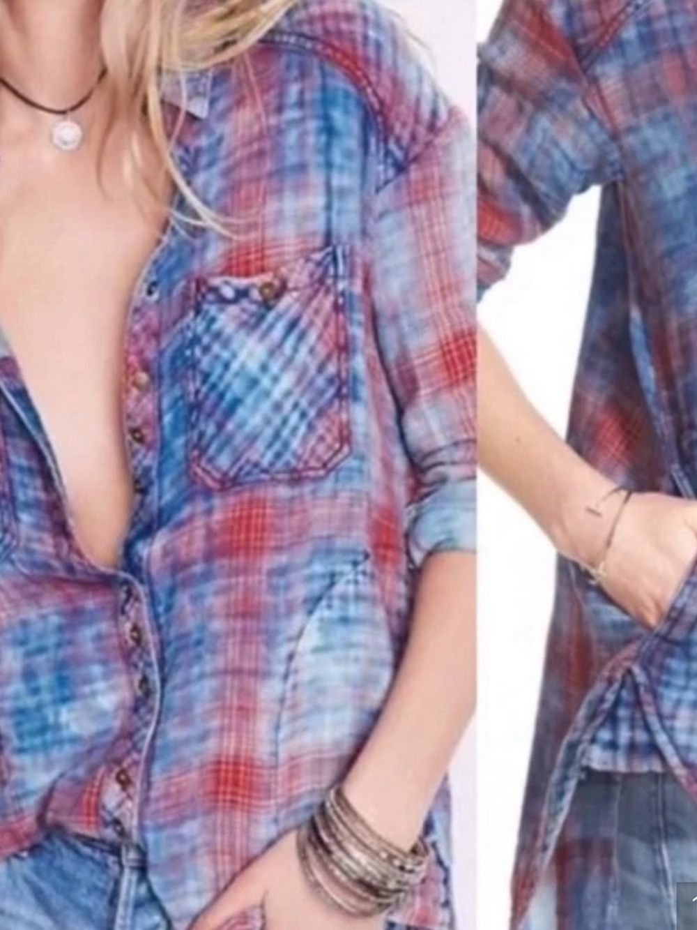Free People Double-Dip Plaid Shirt in Red & Blue